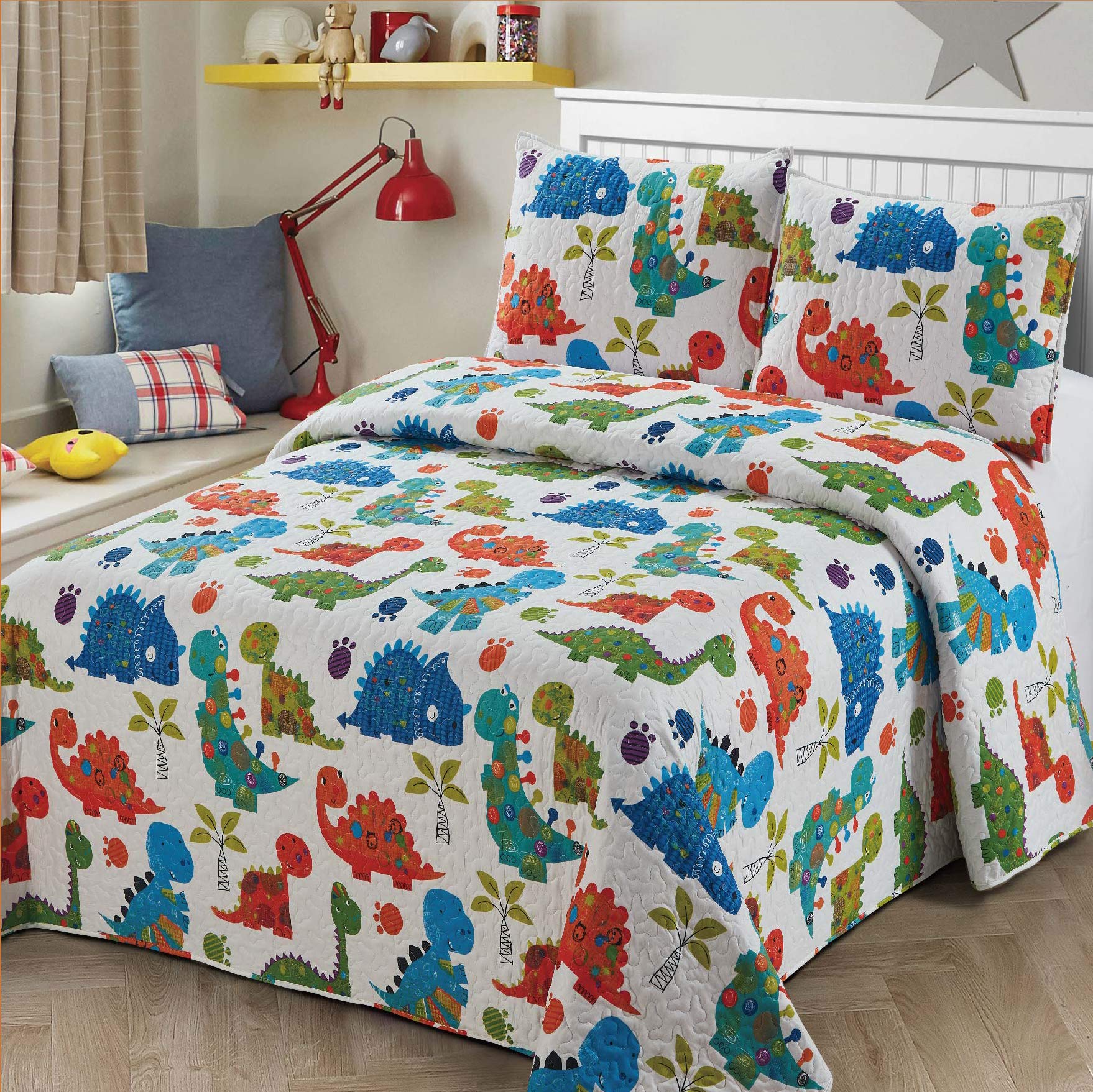 3Pc Full/Queen Size Quilt Bedspread Kids/Teens Boys Girls Dinosaurswhite Blue Green Orange Baby Dinosaours Multicolor Bedding Ne